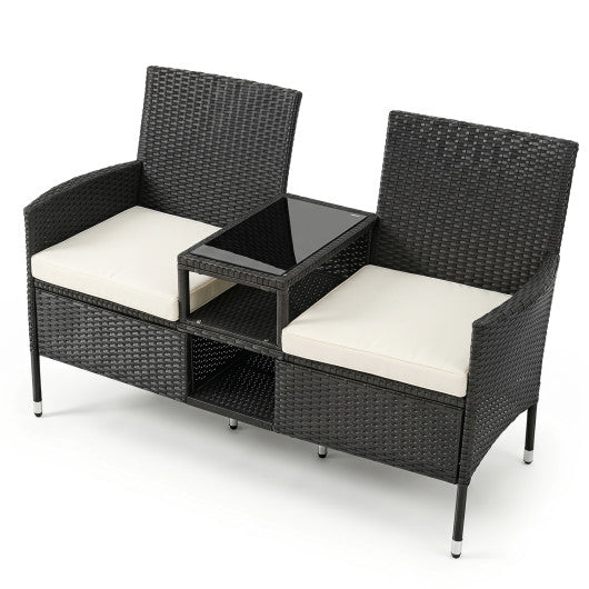 Outdoor Wicker Patio Loveseat with Built-in Glass Side Table-White
