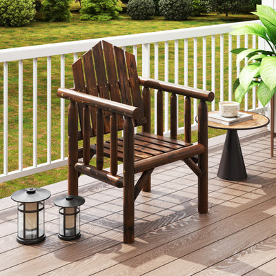 Outdoor Wood Armchair Wooden Patio Dining Chair with Armrests-Brown