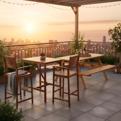 Outdoor Wood Picnic Table with Benches & Bar Table with 2 Stools