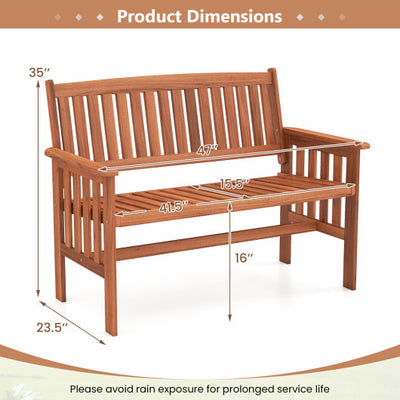 Outdoor Wood Garden Bench 2-Person Patio Park Bench with Backrest Armrests and Slatted Seat