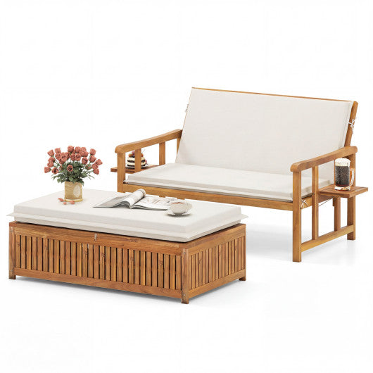 Outdoor Wooden Daybed with 4-Level Backrest and Removable Cushions-White