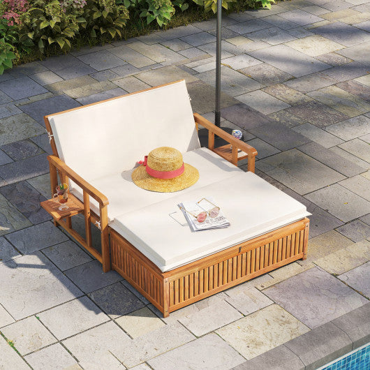 Outdoor Wooden Daybed with 4-Level Backrest and Removable Cushions-White