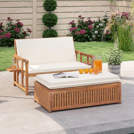 Outdoor Wooden Daybed with 4-Level Backrest and Removable Cushions-White