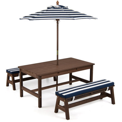 Outdoor Wooden Kids Picnic Table with Removable Umbrella and Cushions-Blue