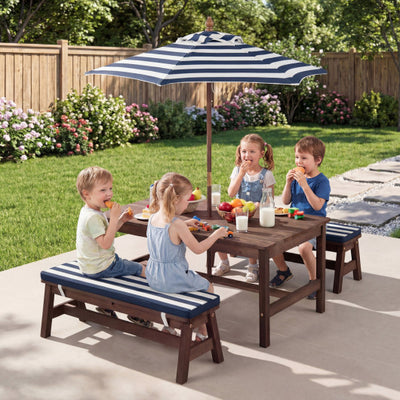 Outdoor Wooden Kids Picnic Table with Removable Umbrella and Cushions-Blue