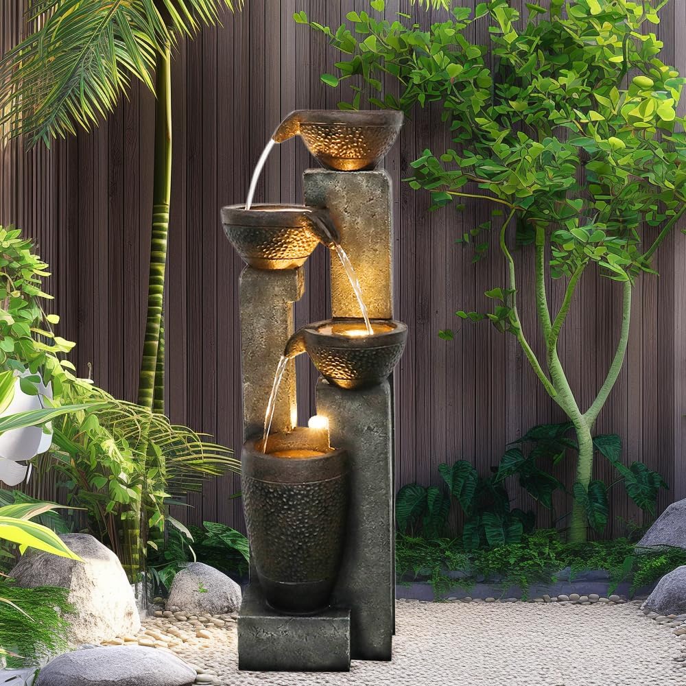 Resin Stacked Clay Pot Outdoor Water Fountain 40 Inch
