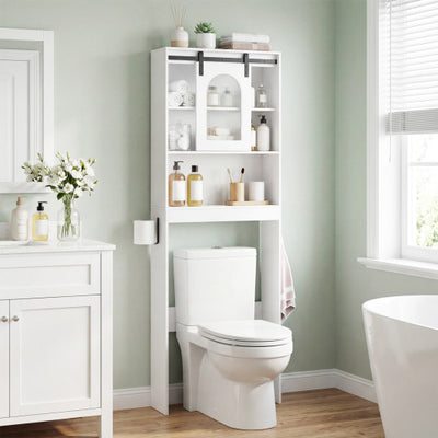 Over Toilet Storage Cabinet with Sliding Barn Door and Open Shelves for Bathroom-White