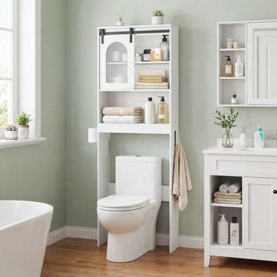 Over Toilet Storage Cabinet with Sliding Barn Door and Open Shelves for Bathroom-White