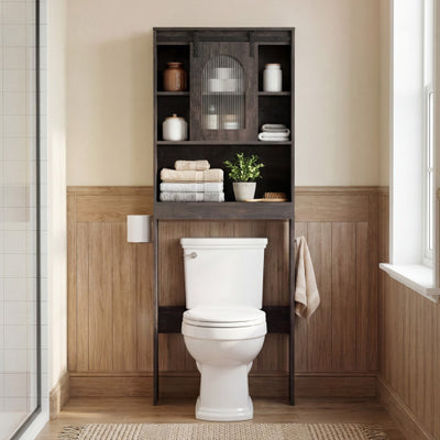 Over Toilet Storage Cabinet with Sliding Barn Door and Open Shelves for Bathroom-Oak