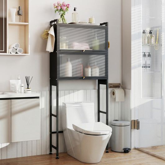 Over-the-toilet Cabinet Bathroom Organizer with 2 Flip-up Cabinets-Black