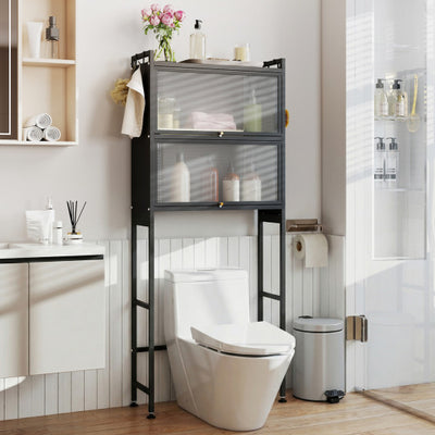 Over-the-toilet Cabinet Bathroom Organizer with 2 Flip-up Cabinets-Black