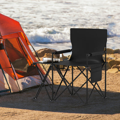 Oversized Camping Chair with Side Table and 2 Storage Pockets-Black