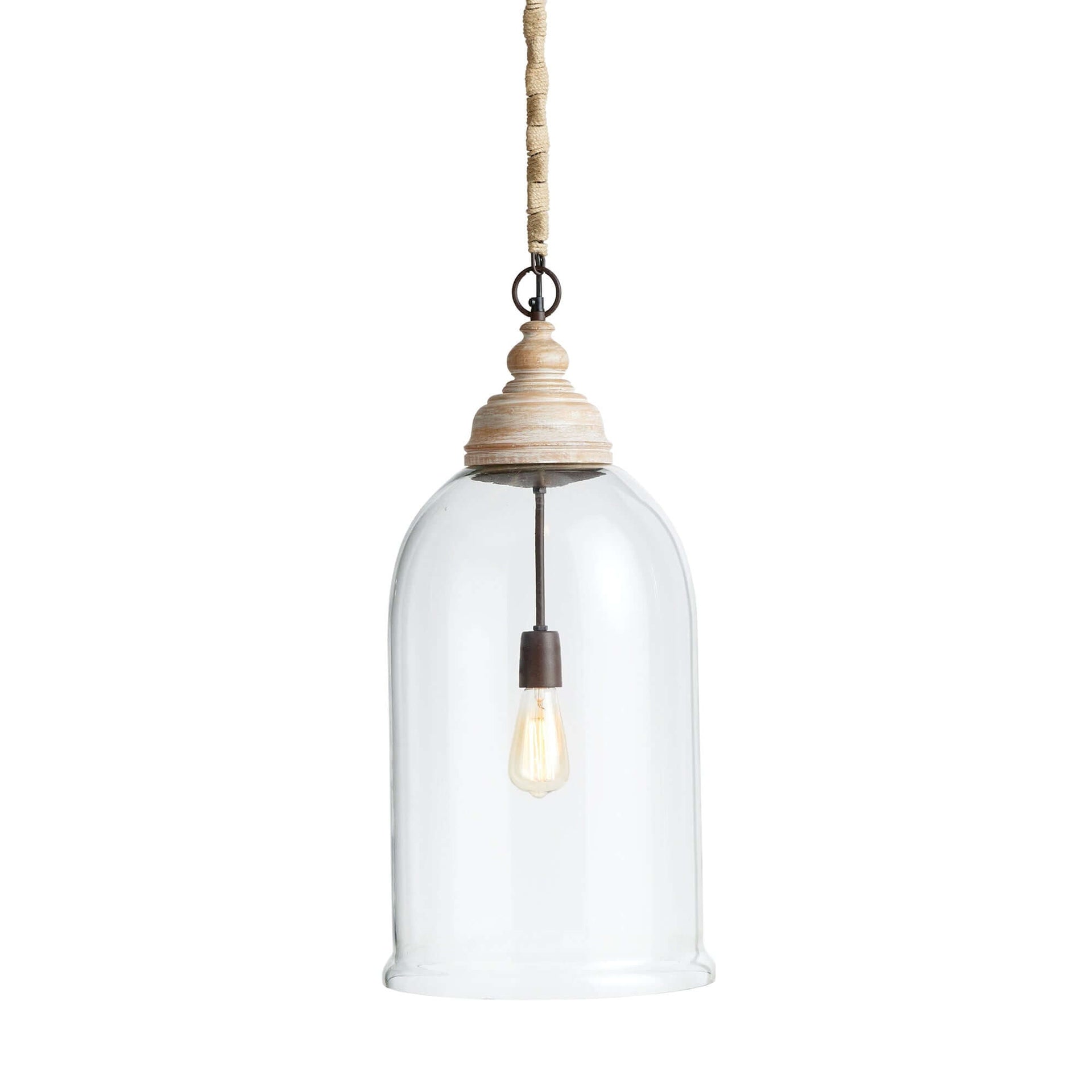 Oversized Glass Cloche Pendant Light with Wood Accent