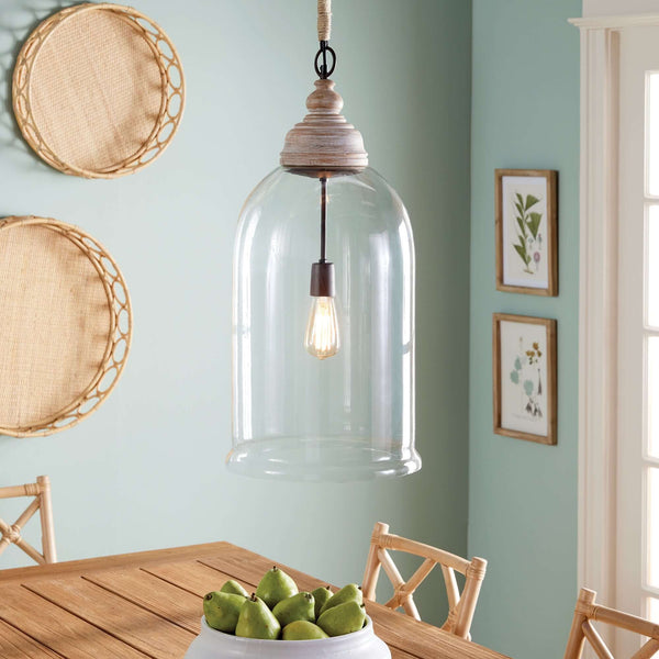 Oversized Glass Cloche Pendant Light with Wood Accent