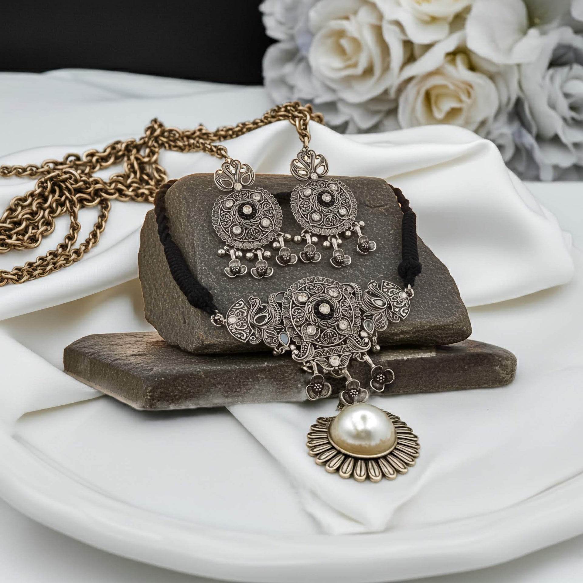 Bohemian Oxidized Choker with Black Flower Charms - Gift for Her LeDeSaRa Lifestyle