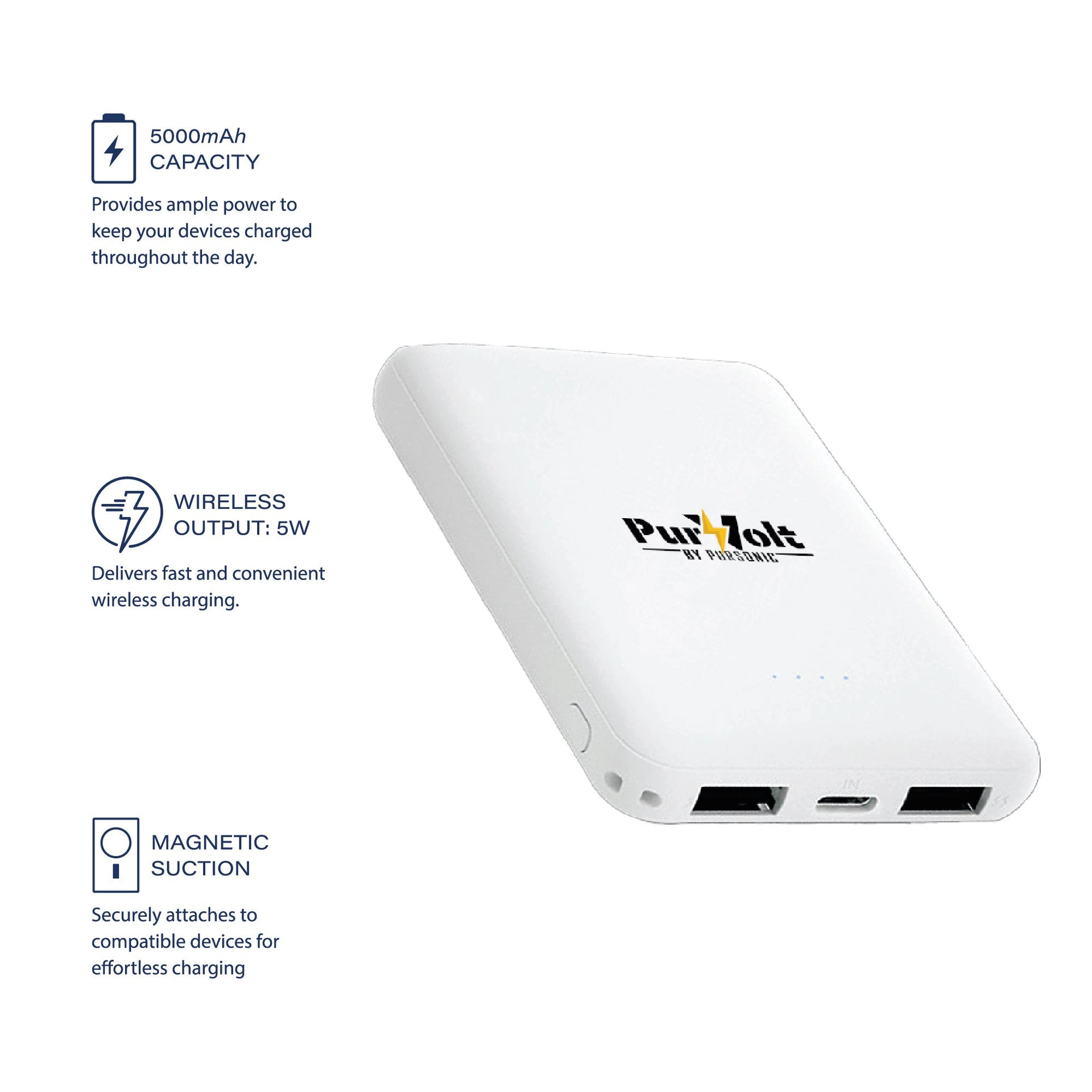 Pursonic Ultra-Compact Wireless Power Bank – 5000mAh Portable Charger with Wireless Output
