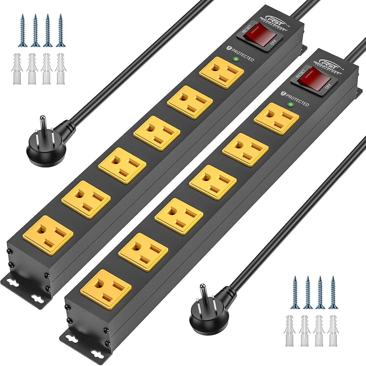 CRST 2PK Wider Spaced 6 Outlet Metal Surge Protector Power Strip 2100J 15A 1875W Heavy Duty Mountable Power Bar 6FT Flat Plug Extension Cord