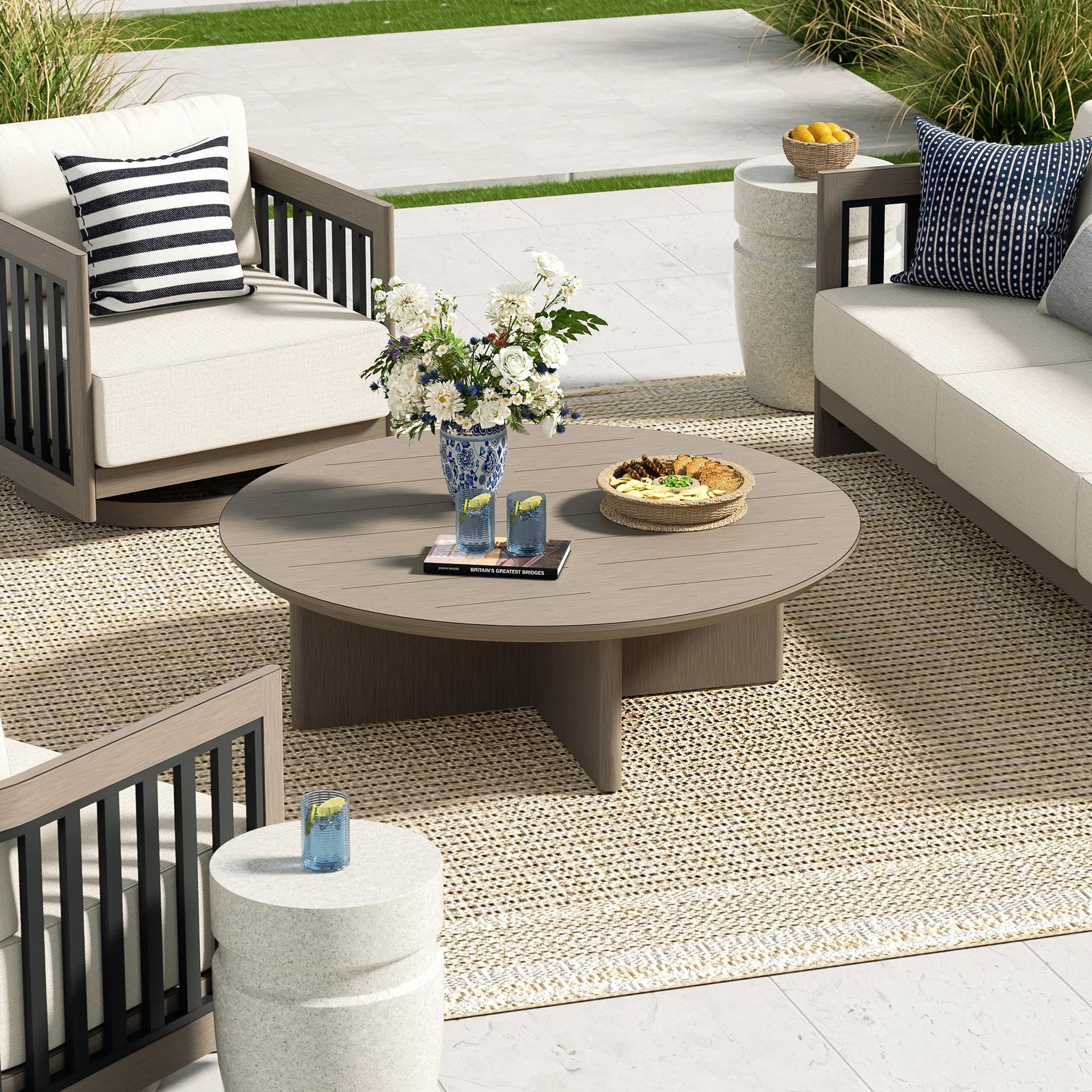 Sereno 4 Pieces Patio Sofa Set With Fixed Chairs and Round Coffee Table