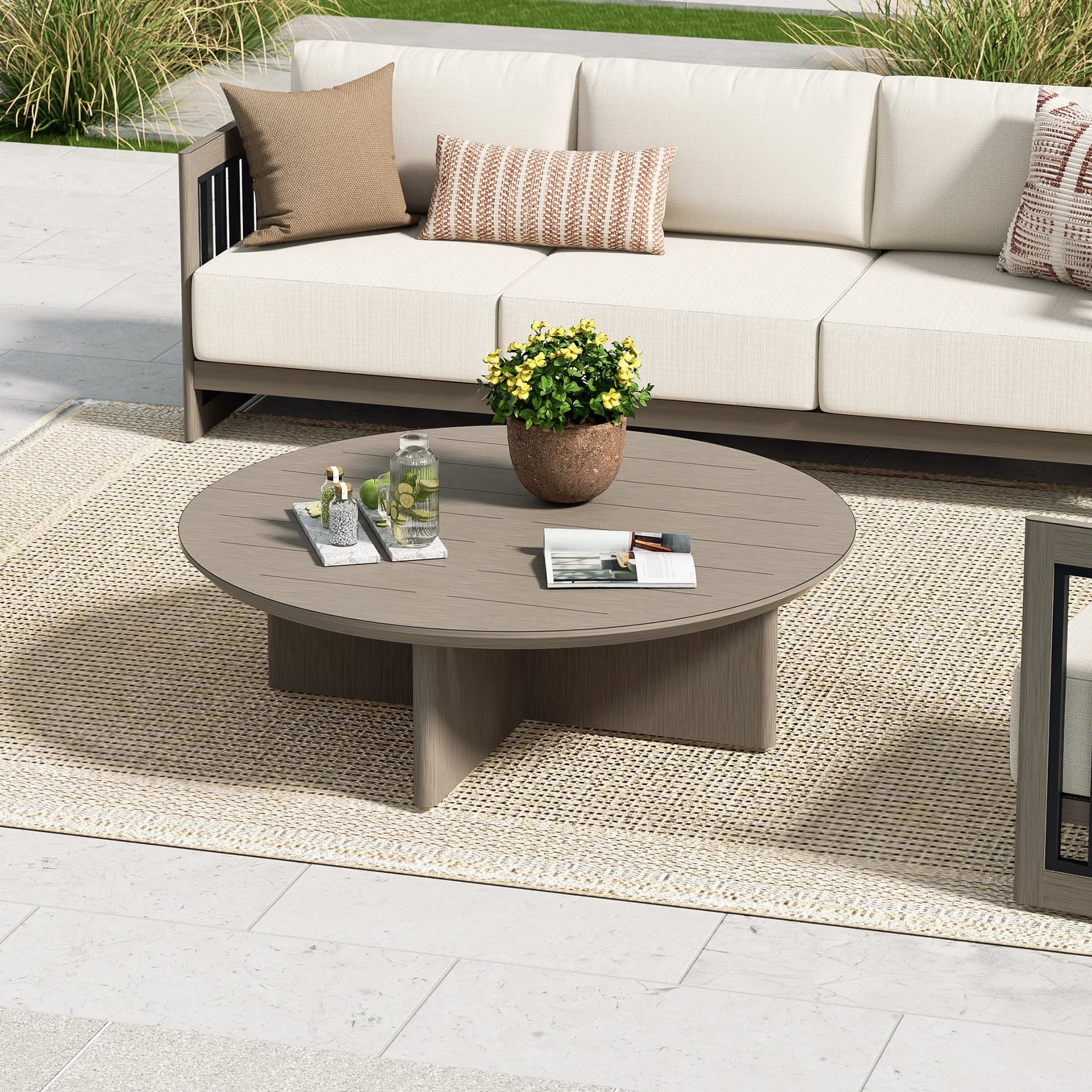 Sereno Outdoor Aluminum Sofa Set With Swivel Chairs and Round Coffee Table