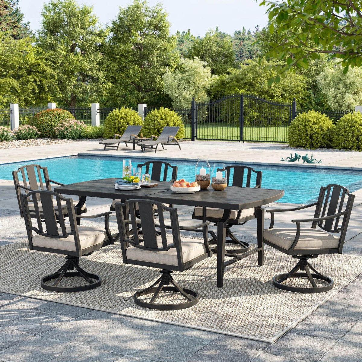 Tamarin Aluminum Patio Rectangular Dining Table and 6 Dining Swivel Chair