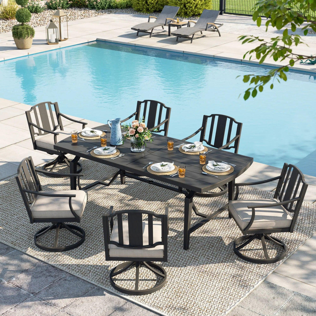 Tamarin Aluminum Patio Rectangular Dining Table and 6 Dining Swivel Chair