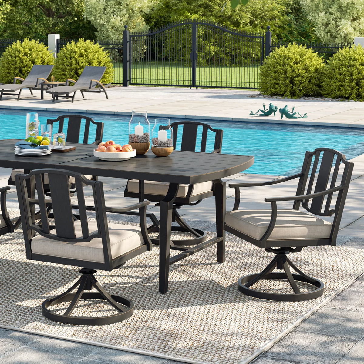 Tamarin Aluminum Patio Rectangular Dining Table and 6 Dining Swivel Chair