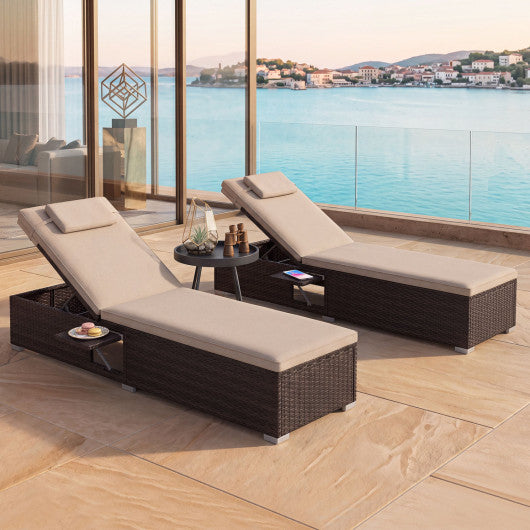 PE Rattan Chaise Lounge Set of 2 with 6-Position Adjustable Backrest and Foldable Side Table-Brown