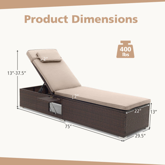 PE Rattan Chaise Lounge Set of 2 with 6-Position Adjustable Backrest and Foldable Side Table-Brown