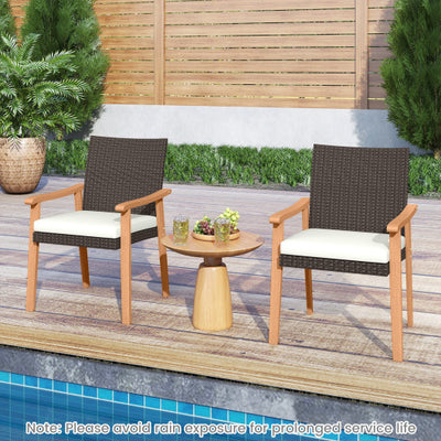 PE Rattan Outdoor Patio Dining Chair Set of 2 with Removable Cushion and Acacia Wood Armrests-White