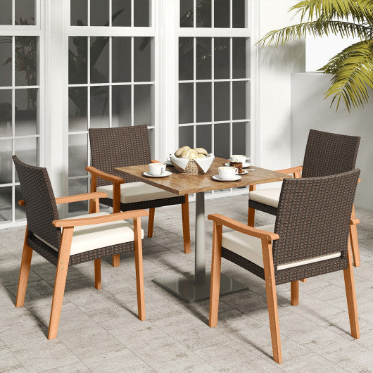 PE Rattan Outdoor Patio Dining Chair Set of 2 with Removable Cushion and Acacia Wood Armrests-White