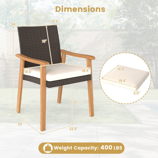 PE Rattan Outdoor Patio Dining Chair Set of 4 with Removable Cushion and Acacia Wood Armrests-White