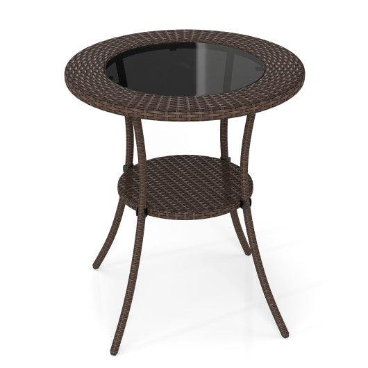 PE Wicker Patio Bistro Table Round with Tempered Glass Top and Shelf