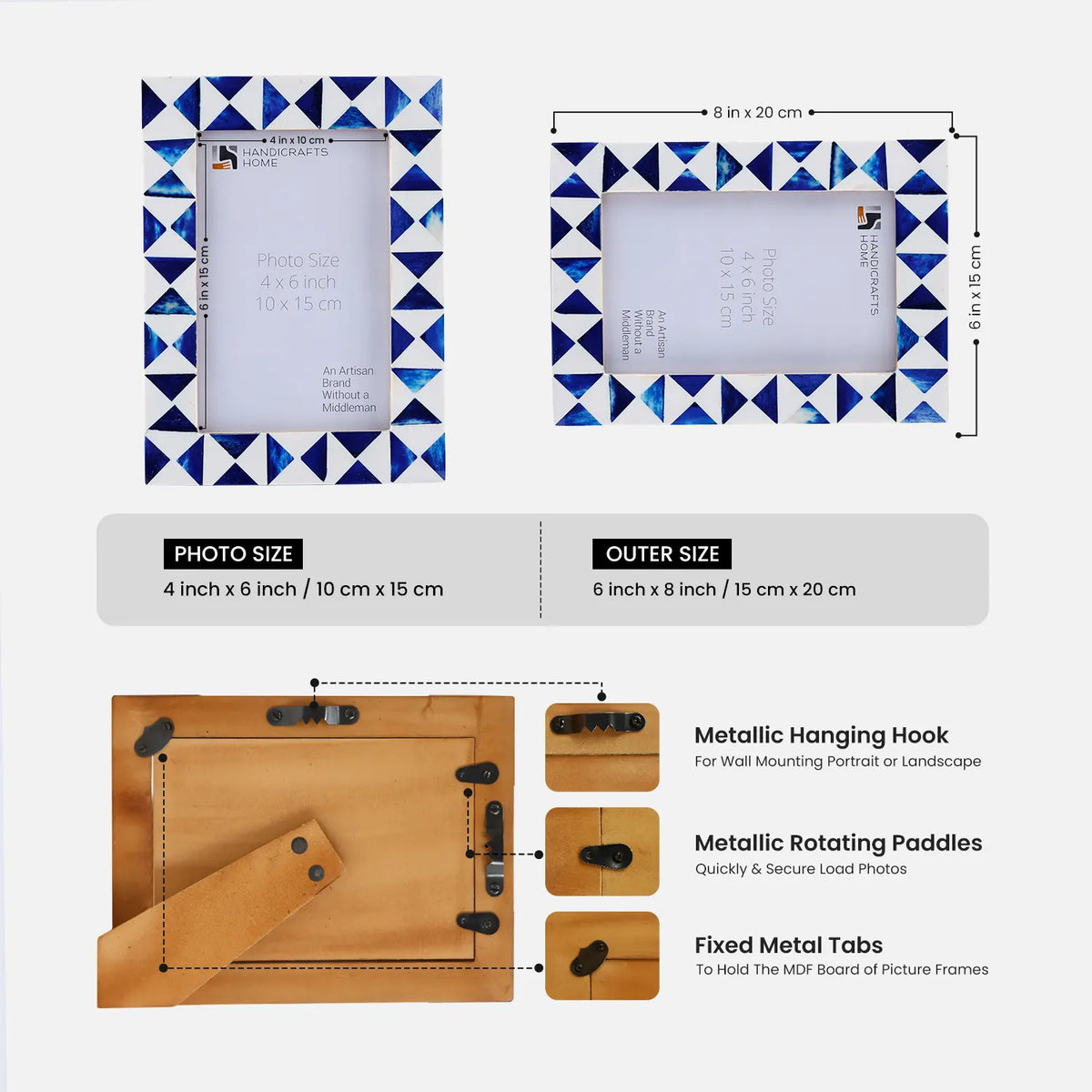Picture Frame Indigo Pattern Collection Bone Resin Inlay Blue White 4x6