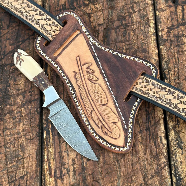 Damascus Skinner Knife with Handtooled Sheath & Belt