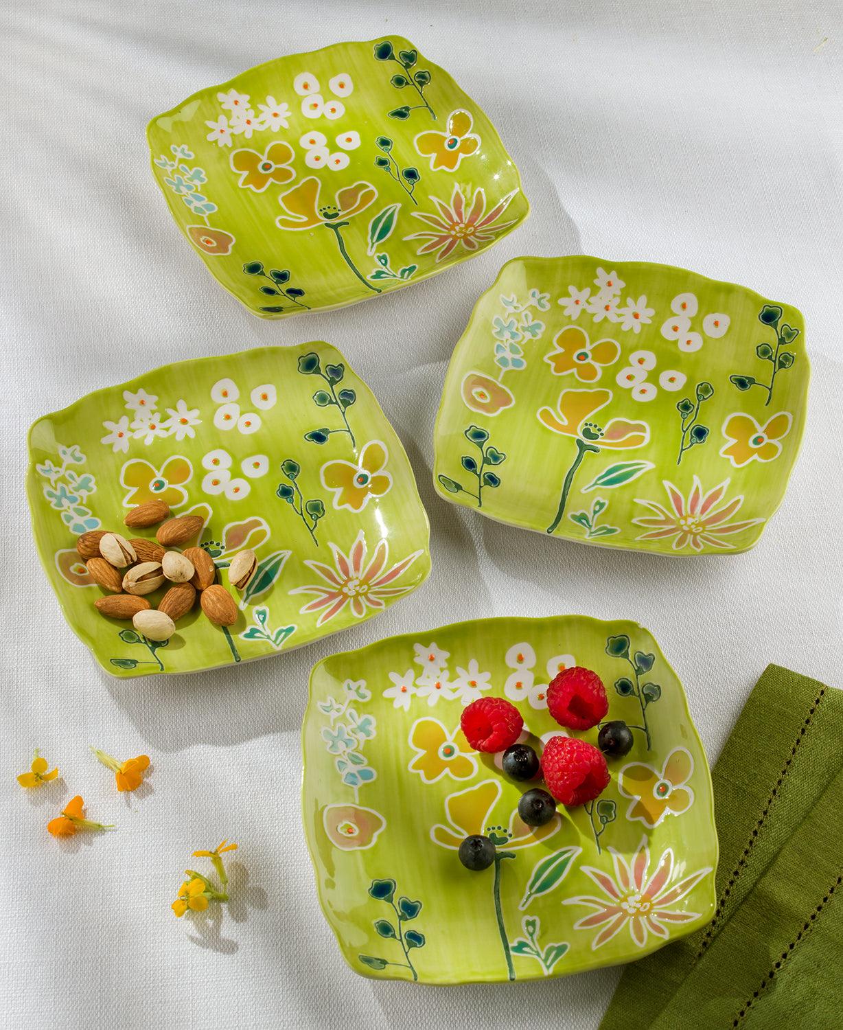Primavera Handpainted Stoneware Canape Plates Set, Set of 4