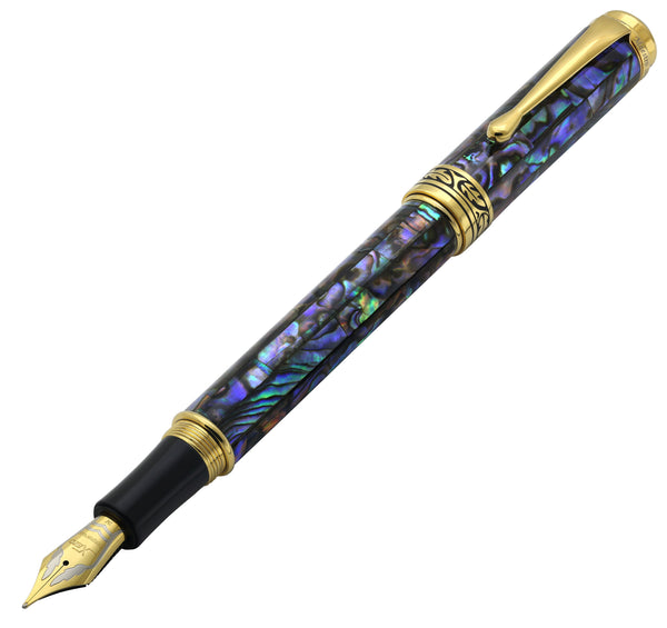 Xezo Maestro® Paua Abalone Sea Shell Fountain Pen (Medium-Fine 0.45 mm Nib) - 18K Gold Plated
