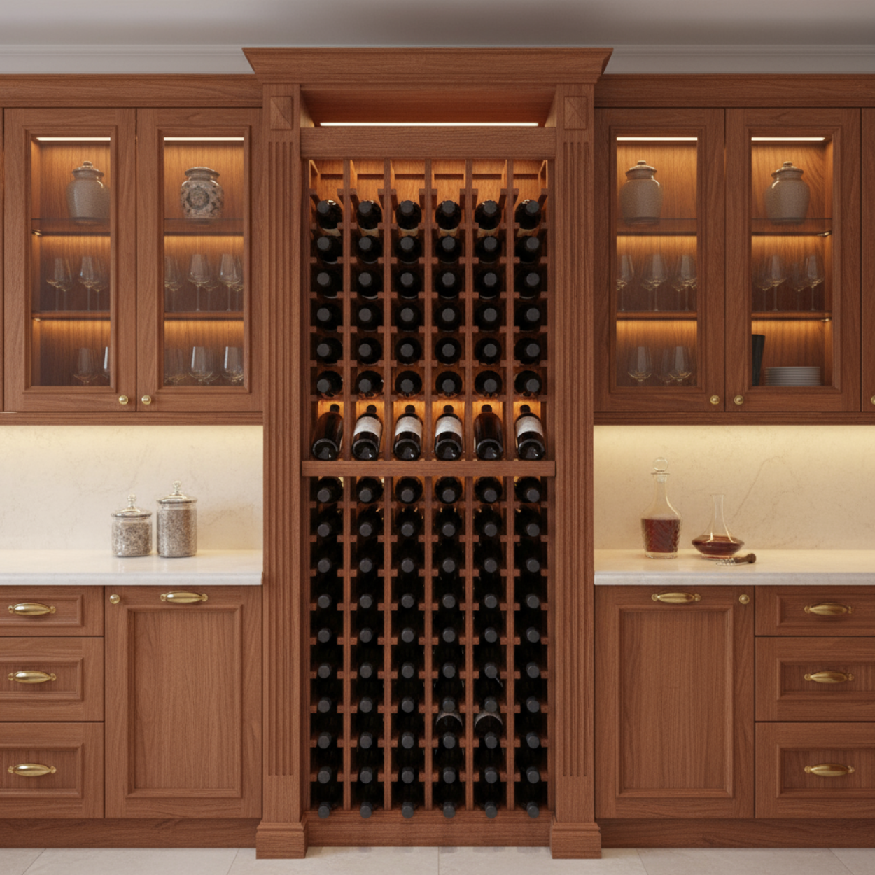 Multi Column Wine Racking System Customizable Bottle Storage with Presentation Row Display Holds 114 Bottles