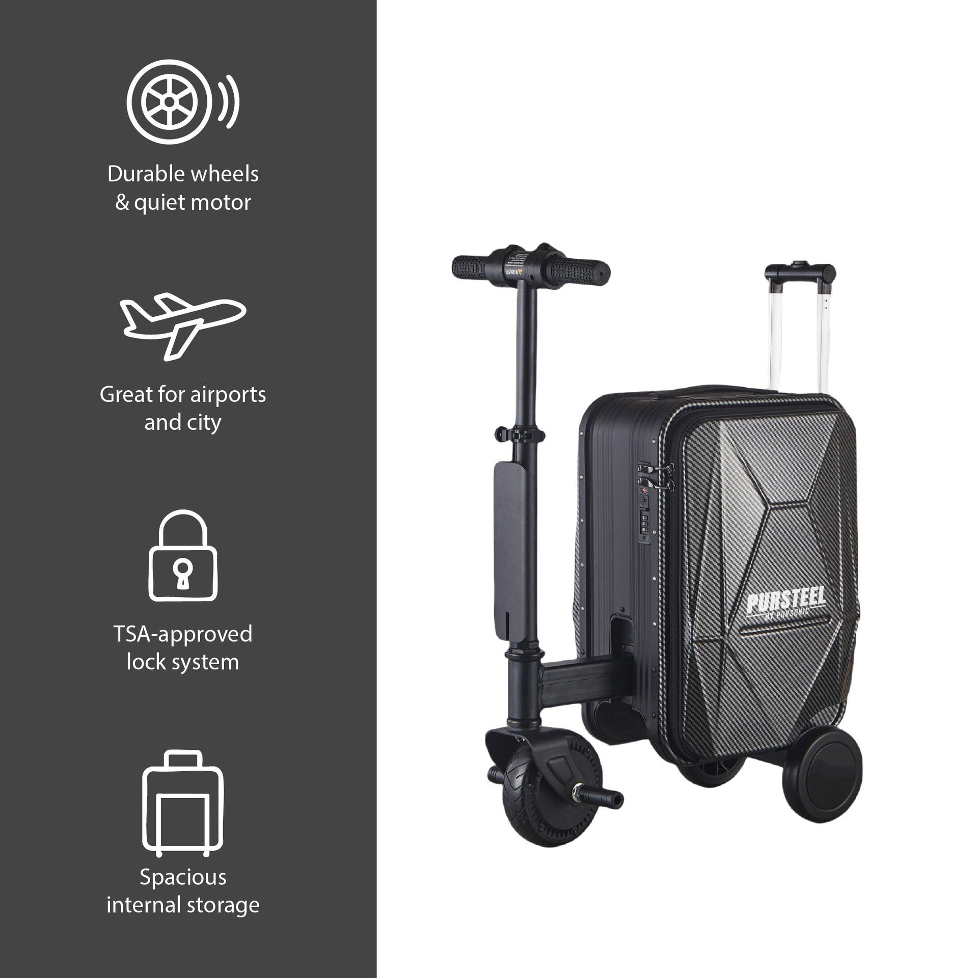 Pursteel Electric Ride-On Luggage – Smart Travel with Speed, Storage & Style