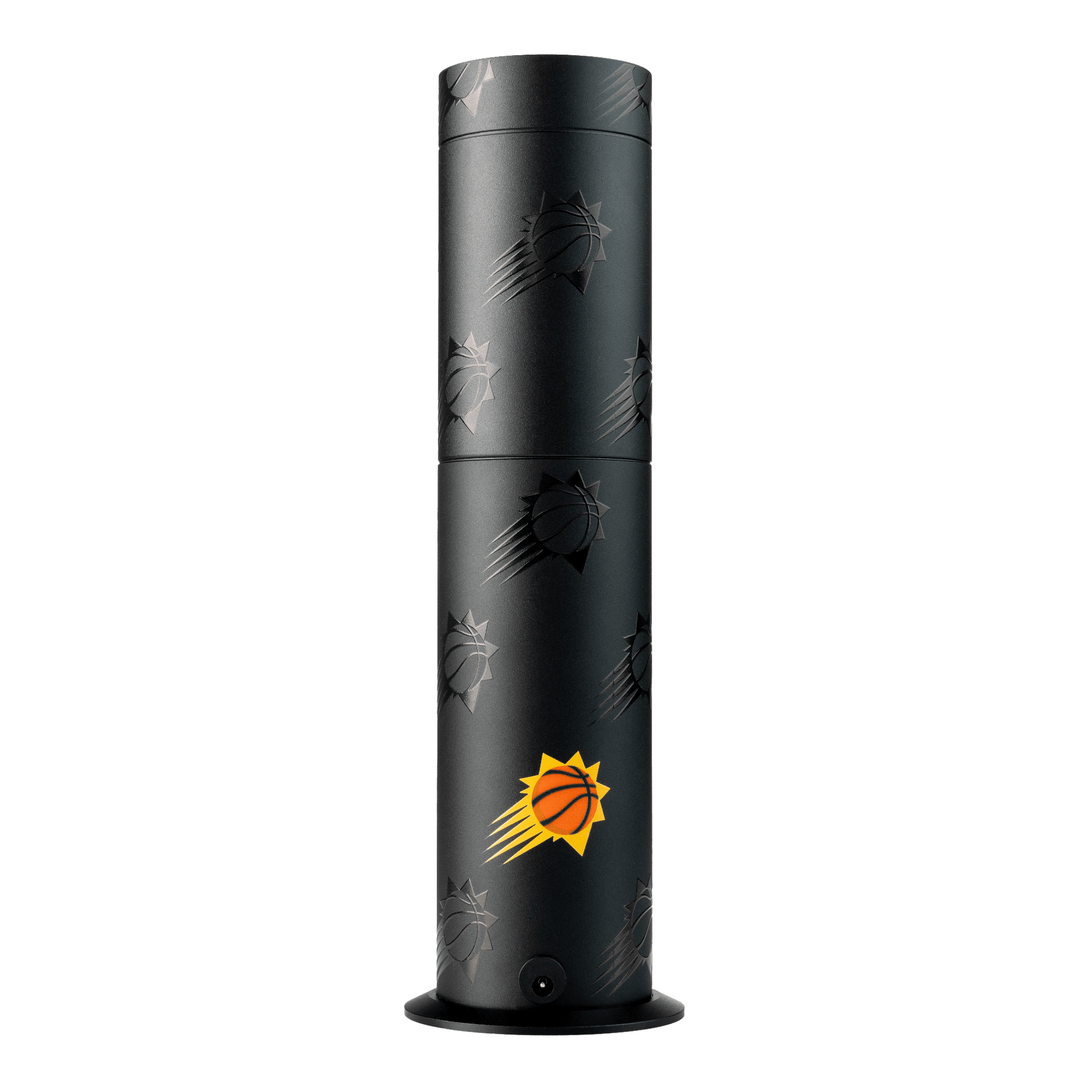 Black cylindrical product with a logo on a white background