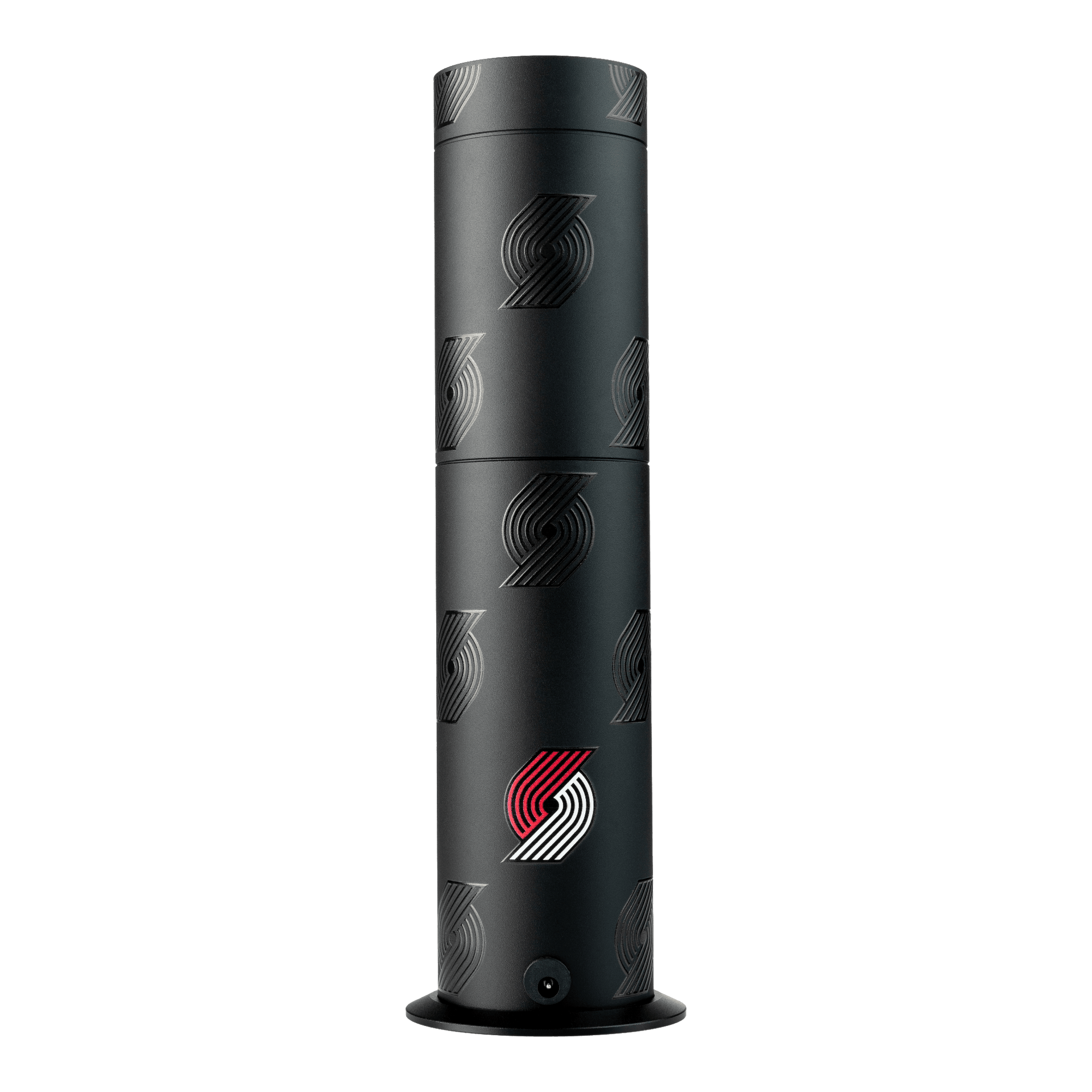 Black cylindrical product with a logo on a white background