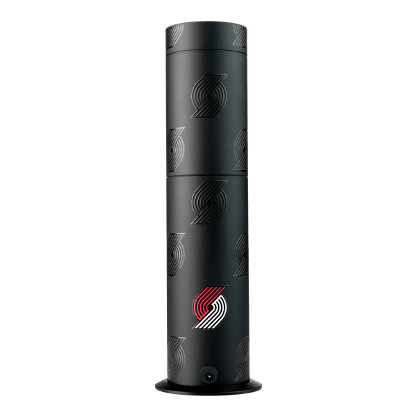 Black cylindrical product with a logo on a white background