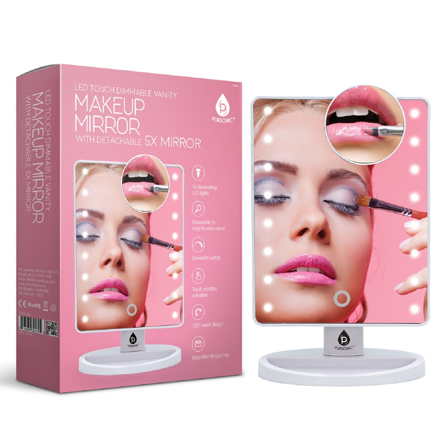 Pursonic Makeup Essentials Duo – LED Countertop Mirror + 5-Piece Brush Set