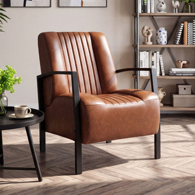PU Leather Upholstered Armchair with Padded Seat and Back Comfy Lounge Reading Chair-Brown