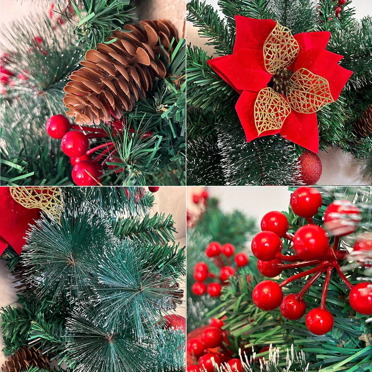 PVC Christmas Garland 9ft with LED Lights and Red Flowers