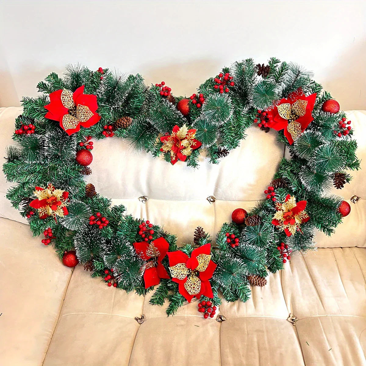 PVC Christmas Garland 9ft with LED Lights and Red Flowers