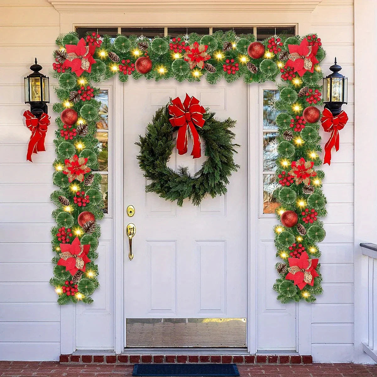PVC Christmas Garland 9ft with LED Lights and Red Flowers