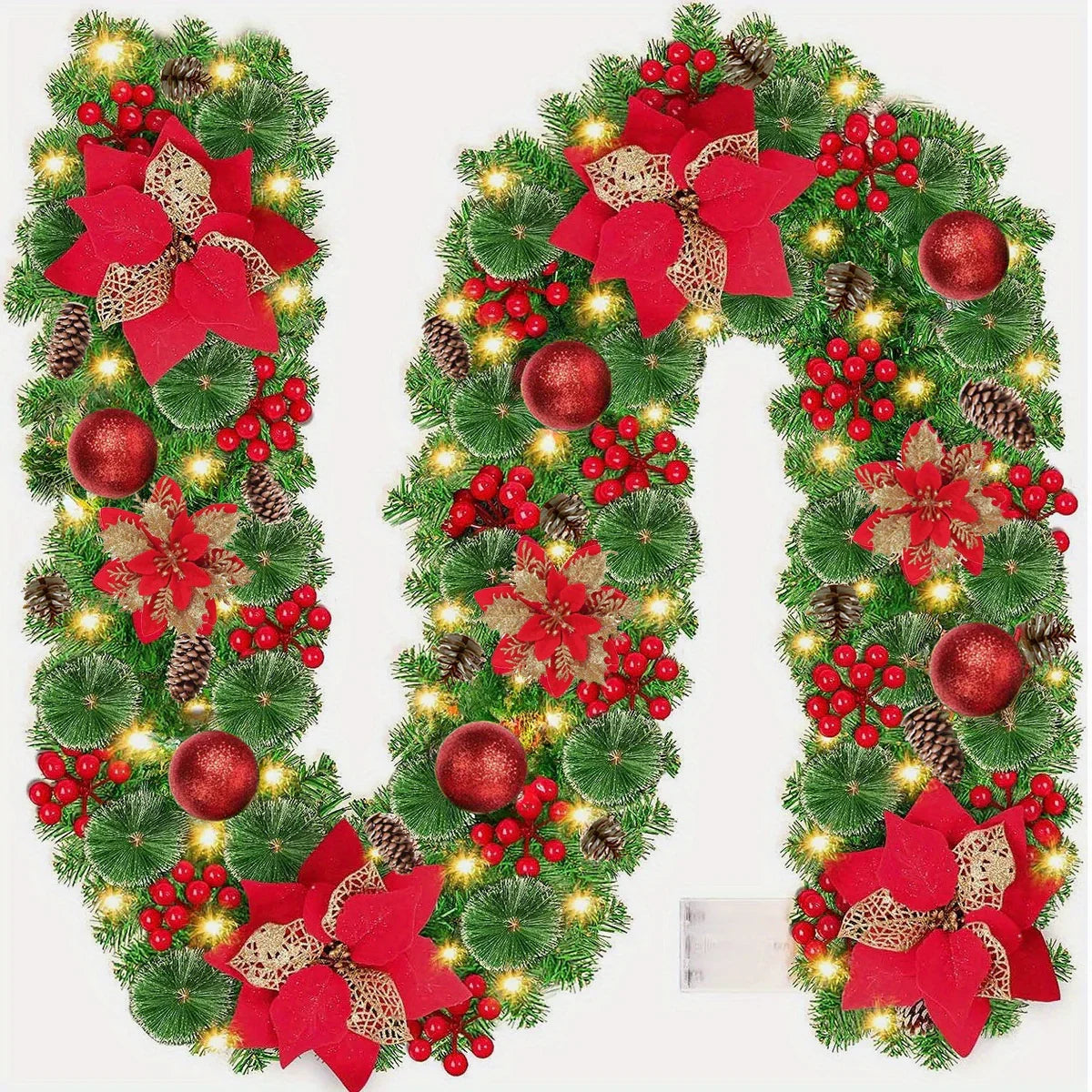 PVC Christmas Garland 9ft with LED Lights and Red Flowers