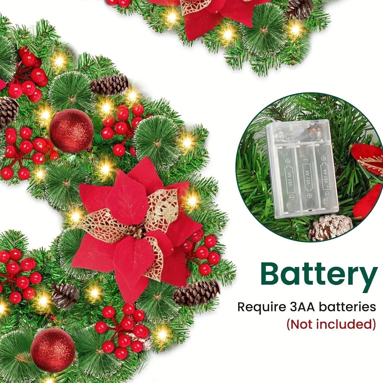 PVC Christmas Garland 9ft with LED Lights and Red Flowers