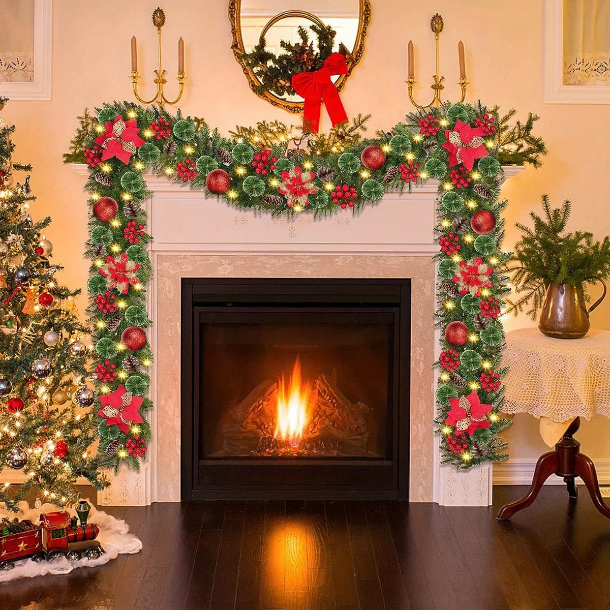 PVC Christmas Garland 9ft with LED Lights and Red Flowers