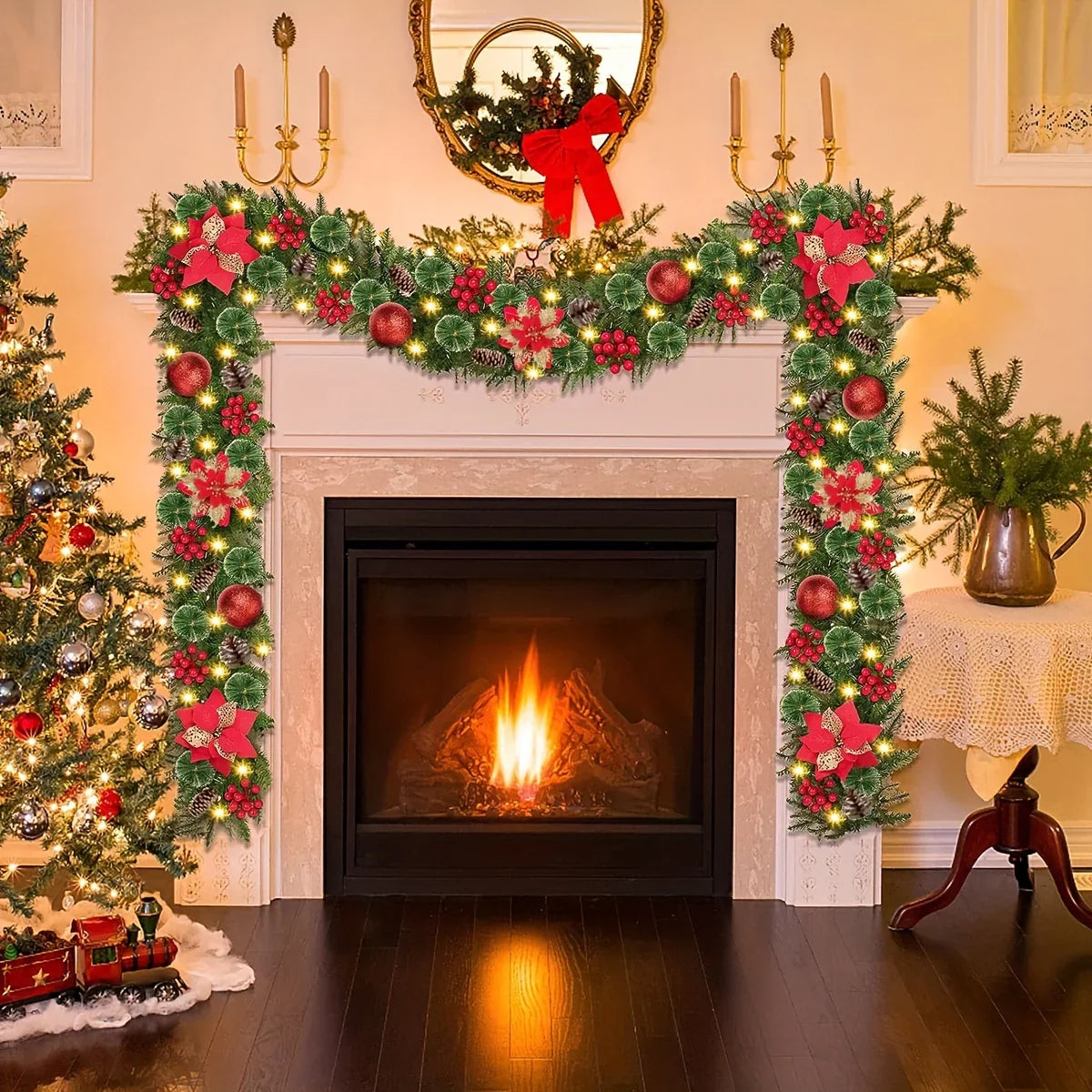 PVC Christmas Garland 9ft with LED Lights and Red Flowers
